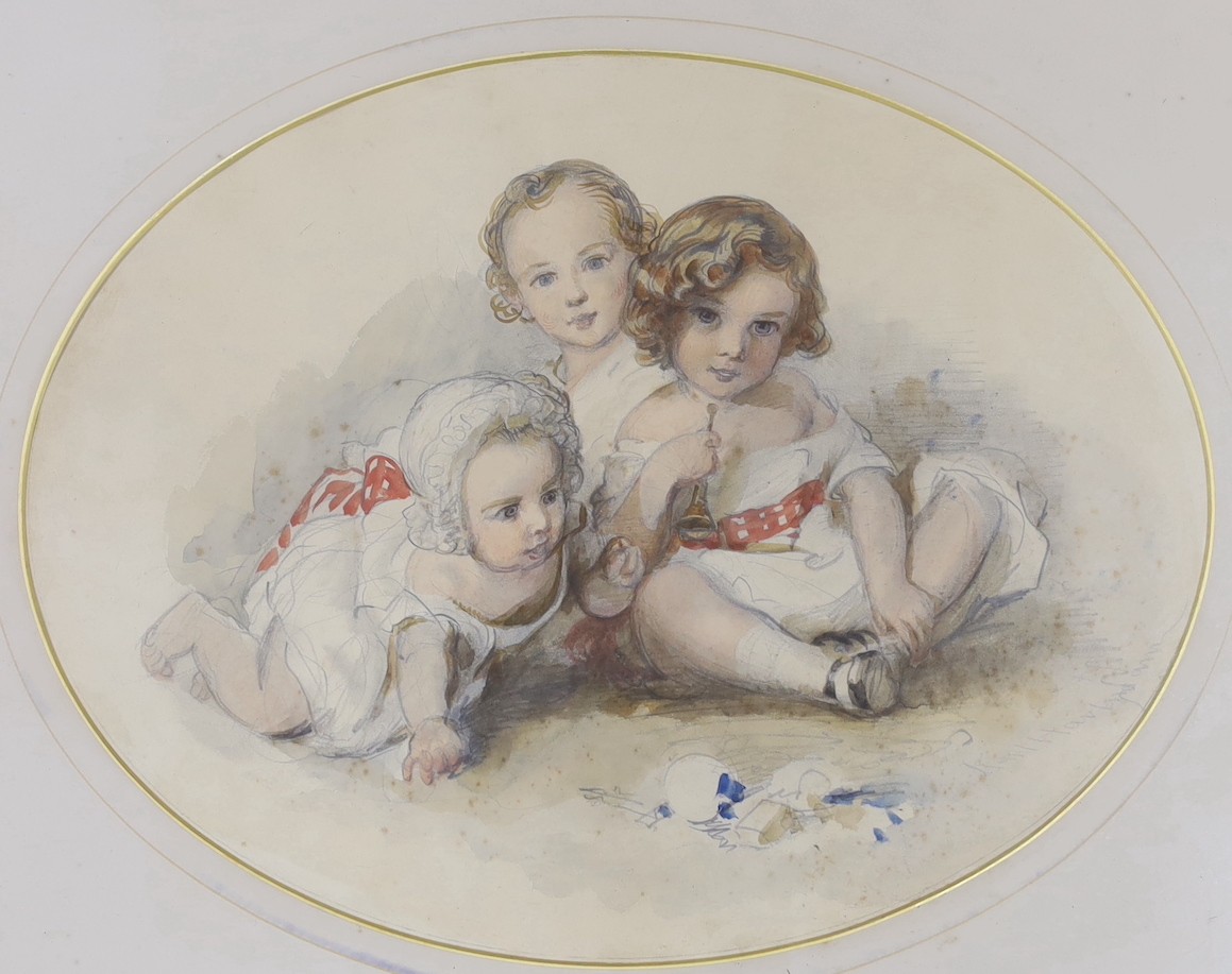 Karl Hartmann (1818 - 1857) two watercolours on paper, studies of Robert Baden-Powells siblings, probably Jessie, Warington, George and Augustus, both signed in pencil, larger 28 x 37 cms.